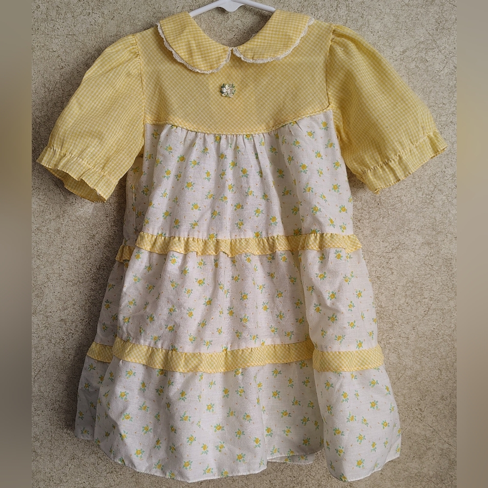 Vintage Sears Dress Sz 6 Yellow w/ Peter Pan Collar Gingham Plaid Floral Spring